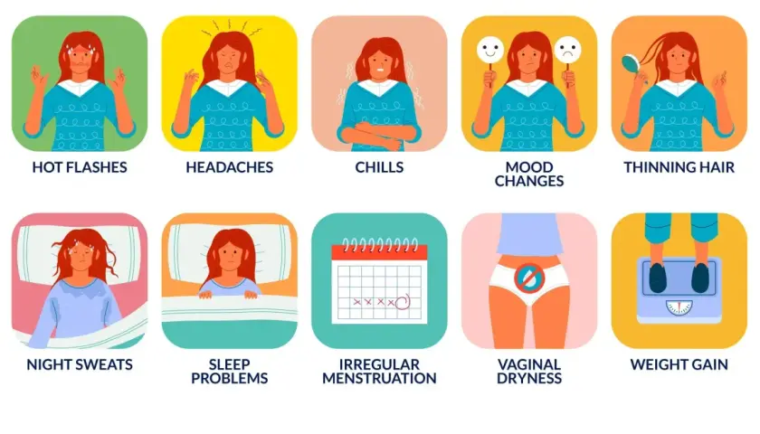 Illustrations montrant les effets ménopause : bouffées de chaleur, maux de tête, frissons, changements d'humeur, perte de cheveux, sueurs nocturnes, troubles du sommeil, règles irrégulières, sécheresse vaginale, prise de poids.