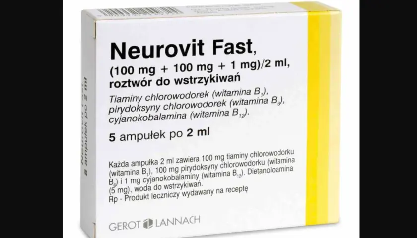 Opakowanie leku Neurovit Fast, zawierające 5 ampułek po 2 ml, z dawkami 100 mg + 100 mg + 1 mg.