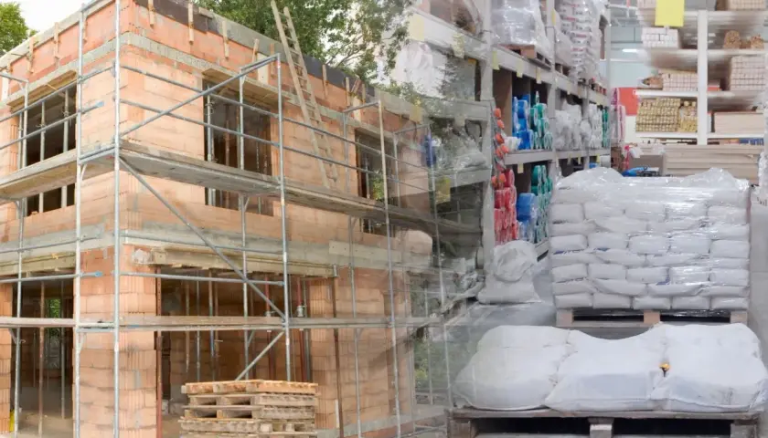 Budowa domu w toku, obok magazyn materiałów budowlanych. Widać palety z cementem i półki z różnymi produktami. Ceny materiałów budowlanych wpływają na koszty inwestycji.