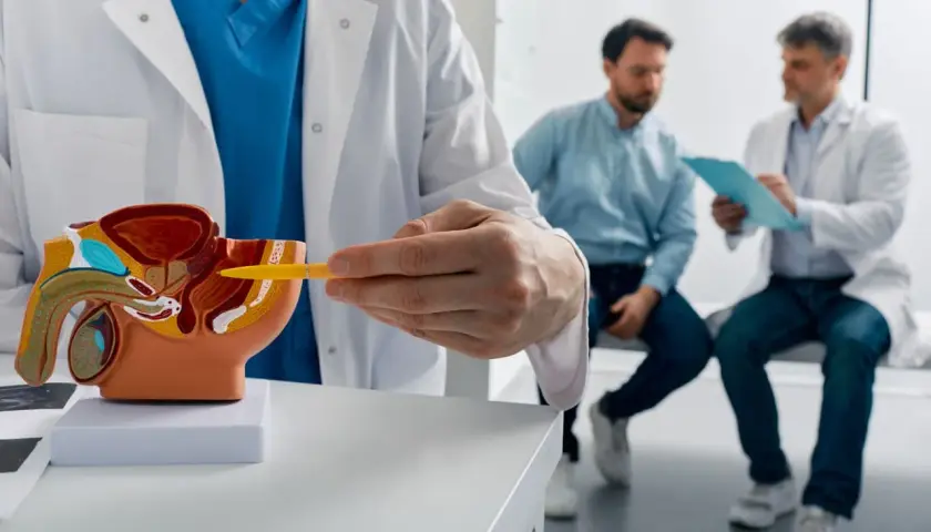 Lekarz omawia z pacjentem model układu moczowo-płciowego, wskazując na obszar prostaty. Rozmowa dotyczy potencjalnych objawów raka prostaty.