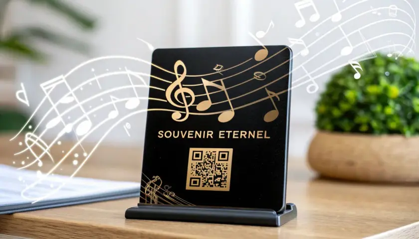 Carte "Souvenir Éternel" avec QR code et notes de musique. Idéal pour savoir comment créer une playlist gratuitement et partager vos musiques préférées.