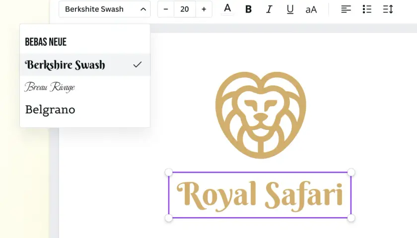 Edytor tekstu z menu wyboru czcionek, gdzie widoczny jest znak wodny "Berkshire Swash". Obok logo lwa i napisu "Royal Safari".