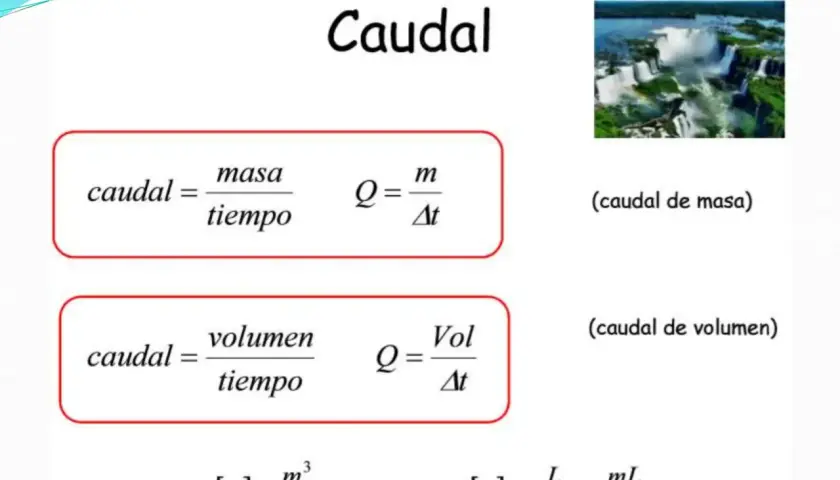 Fórmulas para el caudal: caudal de masa (masa/tiempo) y caudal de volumen (volumen/tiempo).