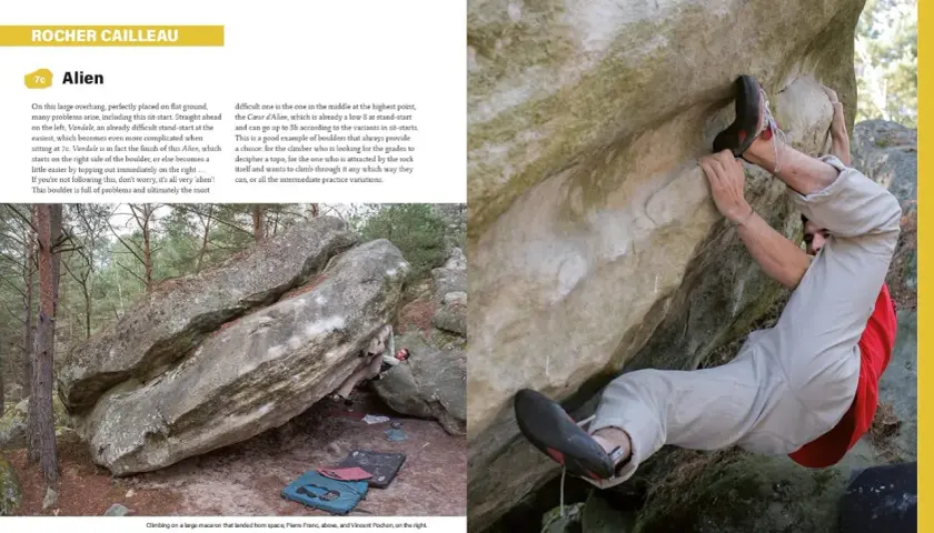 Wspinacz na skale, trudna **skala boulderowa** "Alien" w Fontainebleau.