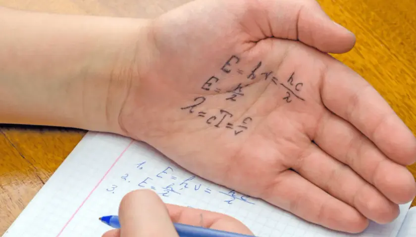 Beim Spicken erwischt: Formeln auf der Hand, während der Schüler im Heft schreibt.
