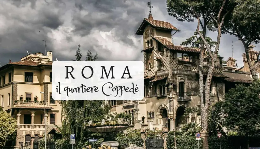 Edifici fiabeschi e fontana nel quartiere Coppedè a Roma, sotto un cielo nuvoloso.