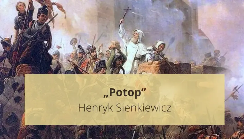 Obraz przedstawia scenę bitwy, nawiązującą do "Potopu" Henryka Sienkiewicza. Widać żołnierzy, krzyż i fragmenty murów.