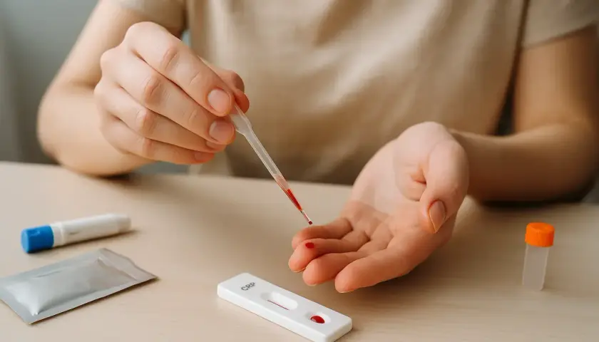 Osoba pobiera kroplę krwi pipetką do testu CRP, by sprawdzić, co to jest stan zapalny.