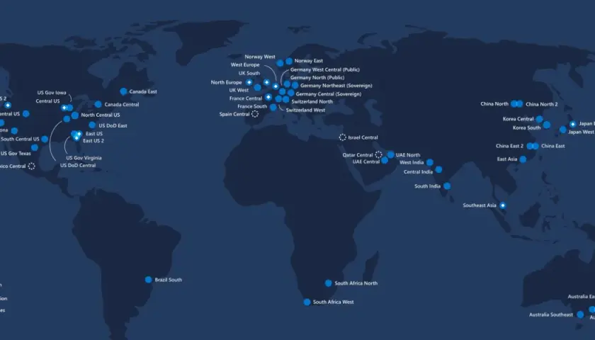 Carte des **azure regions** mondiales, montrant les centres de données disponibles et annoncés.