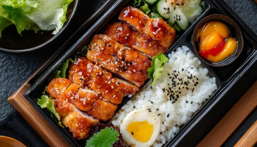 A delicious hinomaru bento with teriyaki chicken, rice, a hard-boiled egg, cucumber salad, and a sweet fruit topping.