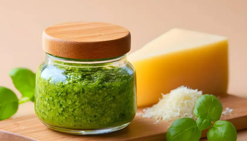 Słoik z domowym makaronem z pesto, obok kawałek parmezanu i świeża bazylia. Idealne składniki na pyszny obiad.