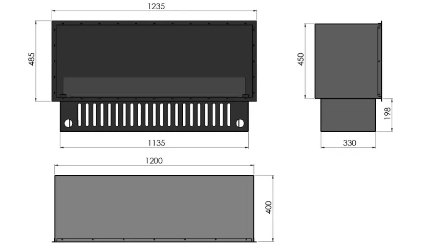 Schematyczny rysunek techniczny z wymiarami kominka po zabudowie: szerokość 1235 mm, wysokość 485 mm, głębokość 330 mm.