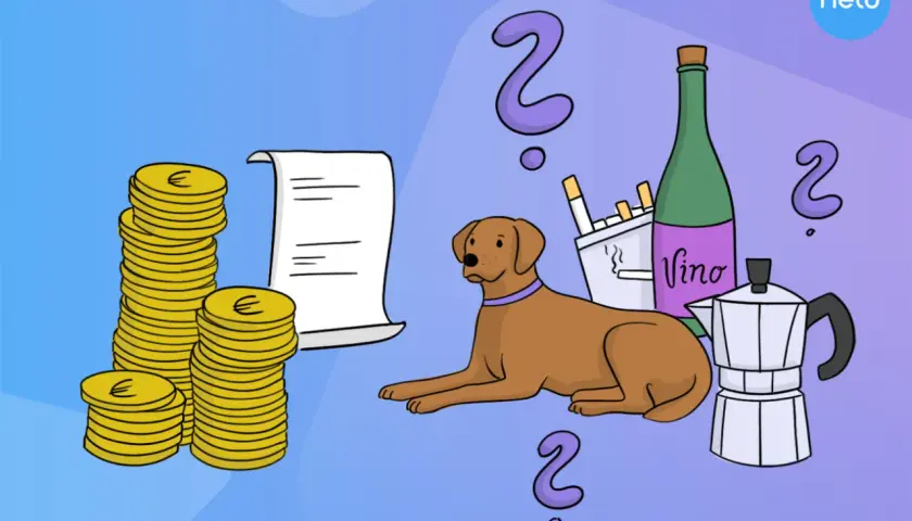 Stapel Münzen, Rechnung, Hund, Zigaretten, Wein, Kaffeekanne und Fragezeichen. Wie viel Steuern zahlt man in Deutschland?