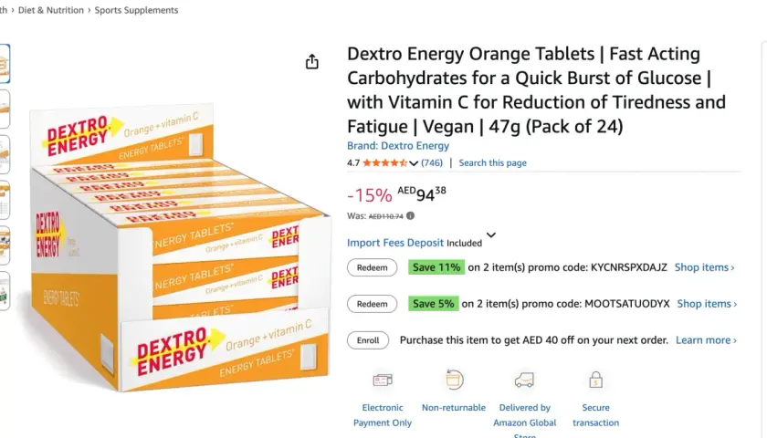 Dextro Energy Orange Tabletten mit Dextrose für schnelle Energie. Packung mit 24 Stück.