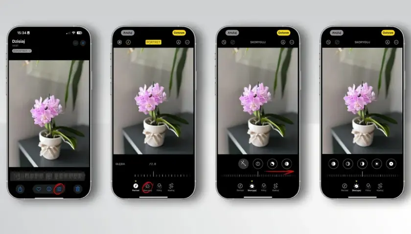 Edycja zdjęcia orchidei na iPhonie. Widoczne opcje trybu nocnego, portretowego i korekty obrazu.