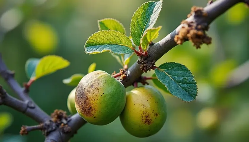 Deux mirabelles vertes sur une branche, présentant des taches brunes, signe d'une possible maladie du mirabellier.