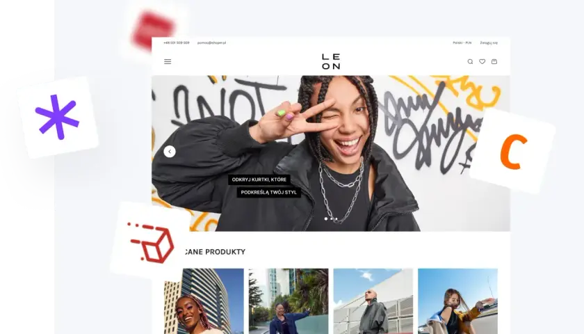 Strona główna sklepu internetowego z modą, prezentująca kampanię marketingową z młodymi ludźmi i ubraniami.