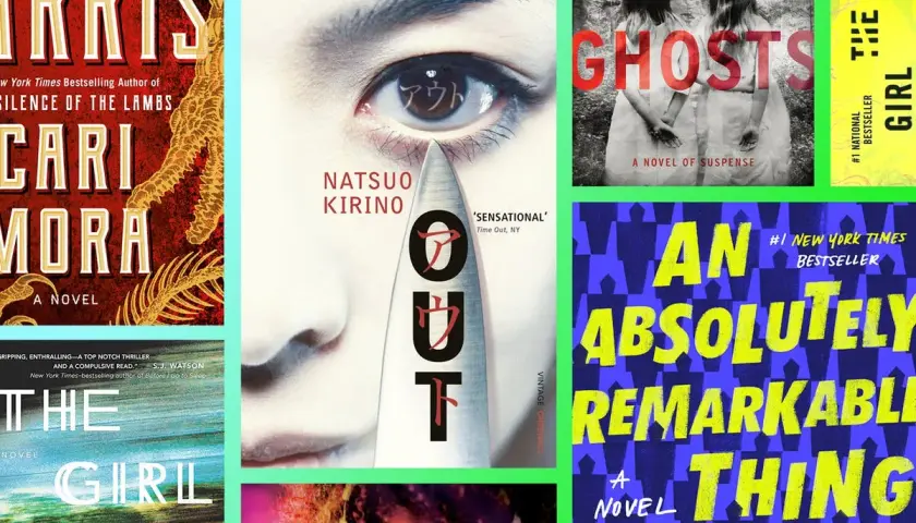 Büchercover-Collage mit dem besten Thriller-Buch "Out" von Natsuo Kirino im Fokus. Daneben "Paper Ghosts" und "The Girl on the Train".