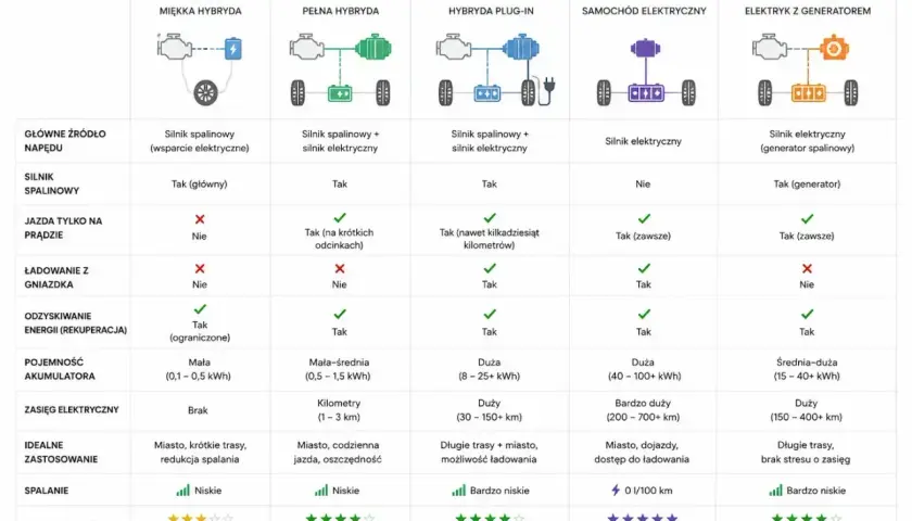 Porównanie hev vs phev: MHEV, HEV, PHEV, BEV, REX/EREV. Tabela pokazuje różnice w napędzie, zasięgu i zastosowaniu.