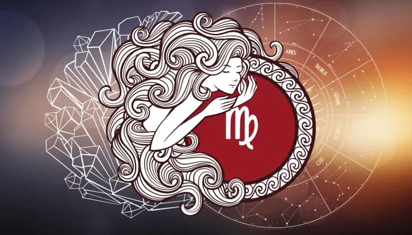 Symbol Panny, znaku zodiaku wrzesień, otoczony kryształami i kołem zodiaku.