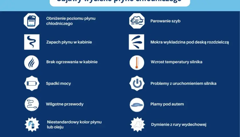Objawy wycieku płynu chłodniczego: niski poziom, zapach, parowanie szyb, plamy pod autem. Symbol płynu chłodniczego jest kluczowy.