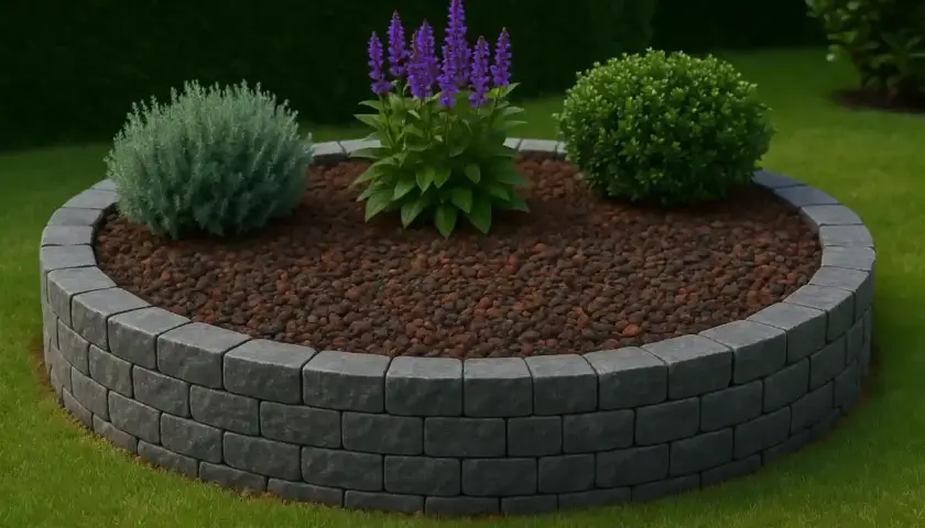 Aiuola circolare con bordura in pietra grigia, riempita di corteccia e piante verdi con fiori viola.