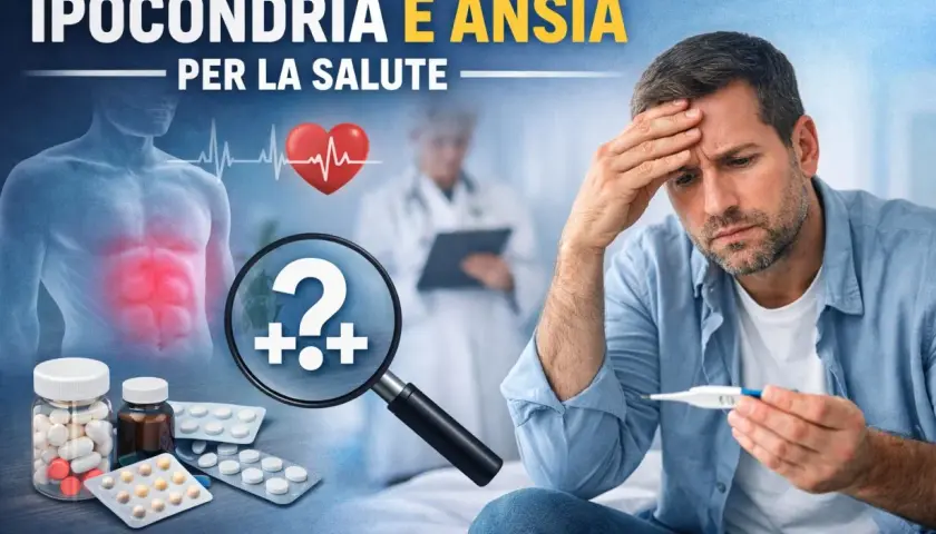 Uomo preoccupato con termometro, simbolo di ipocondriaco significato. Farmaci e lente d'ingrandimento suggeriscono ansia per la salute.