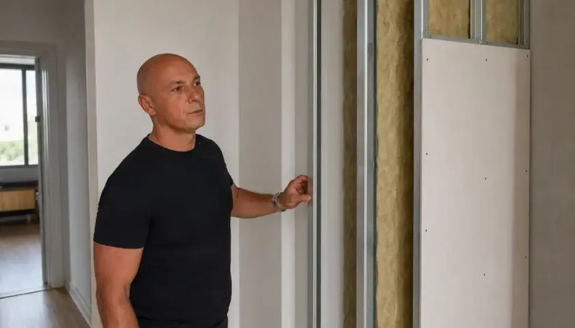 Uomo valuta l'avanzamento dei lavori di insonorizzazione casa, con pannelli isolanti e struttura metallica a vista.