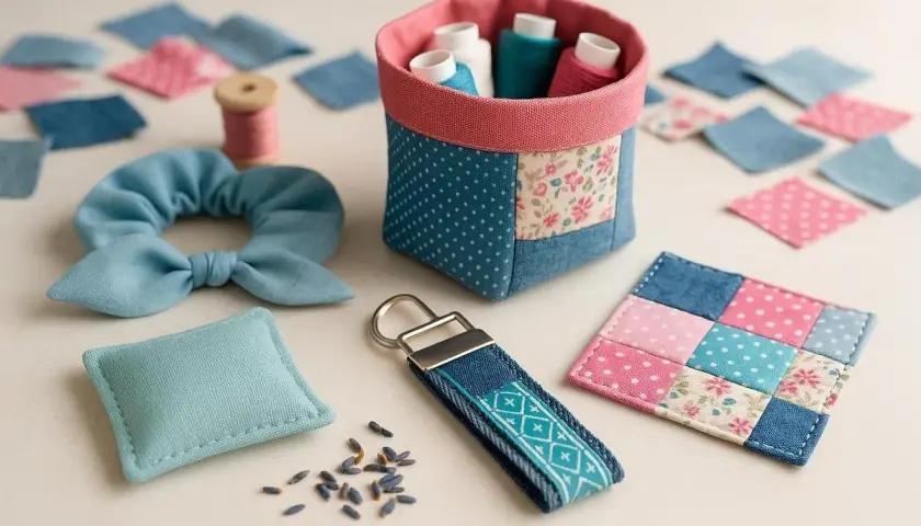 Kreative upcycling stoffreste: Nähkorb, Scrunchie, Schlüsselanhänger und Patchwork-Untersetzer aus bunten Stoffresten.