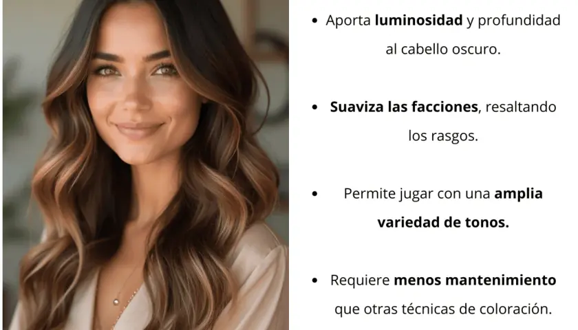 Morena con mechas balayage en pelo liso, aportando luminosidad y suavidad a sus rasgos.
