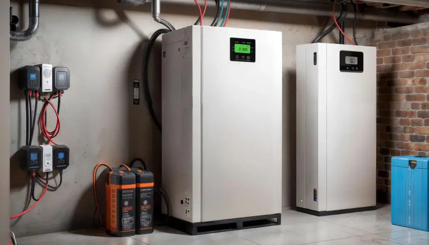 Białe magazyny energii, baterie i urządzenia sterujące w pomieszczeniu technicznym.