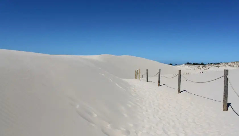 Ścieżka przez ruchome wydmy prowadzi wzdłuż drewnianego płotka. Piasek lśni w słońcu pod błękitnym niebem.