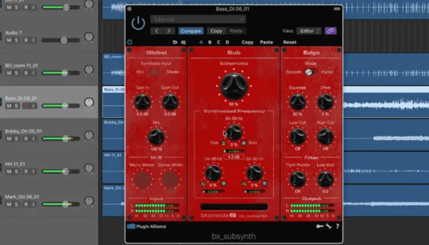 Ein rotes Plugin-Fenster mit Reglern für einen Bass-Amp-VST. Es zeigt die Einstellungen für Subharmonics, Edge und Filter.