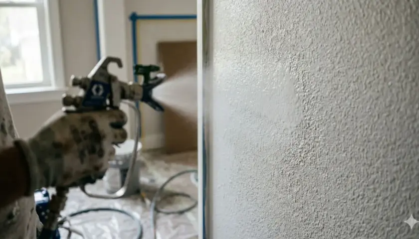 Mano guantata con pistola a spruzzo per imbiancare a spruzzo una parete ruvida.