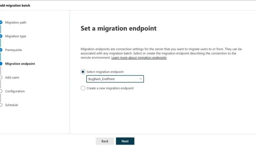 Configuration de l'endpoint pour la migration imap vers Office 365. Choix entre un endpoint existant ou la création d'un nouveau.