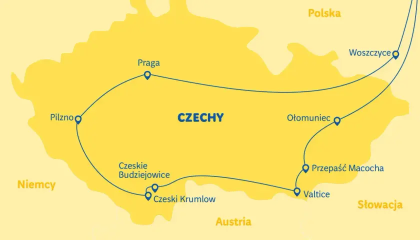 Mapa Czech z zaznaczonymi trasami turystycznymi, od Pilzna po Woszczyce, odkryj czeską Toskanię!