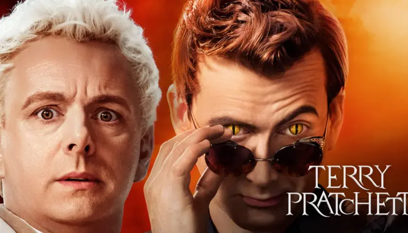 Deux hommes, l'un aux cheveux blancs et l'autre aux cheveux roux, se regardent. L'homme aux cheveux roux ajuste ses lunettes, révélant un œil jaune de serpent. L'image évoque "good omens lockdown".