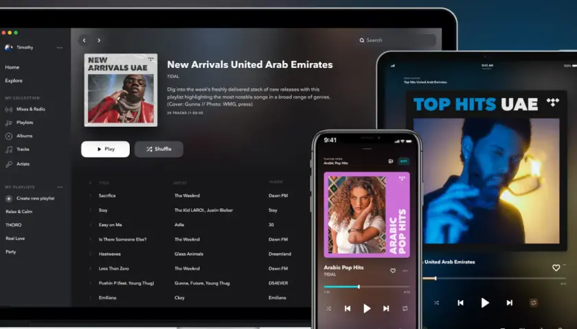 Ekran laptopa, tabletu i telefonu z interfejsem aplikacji muzycznej TIDAL.