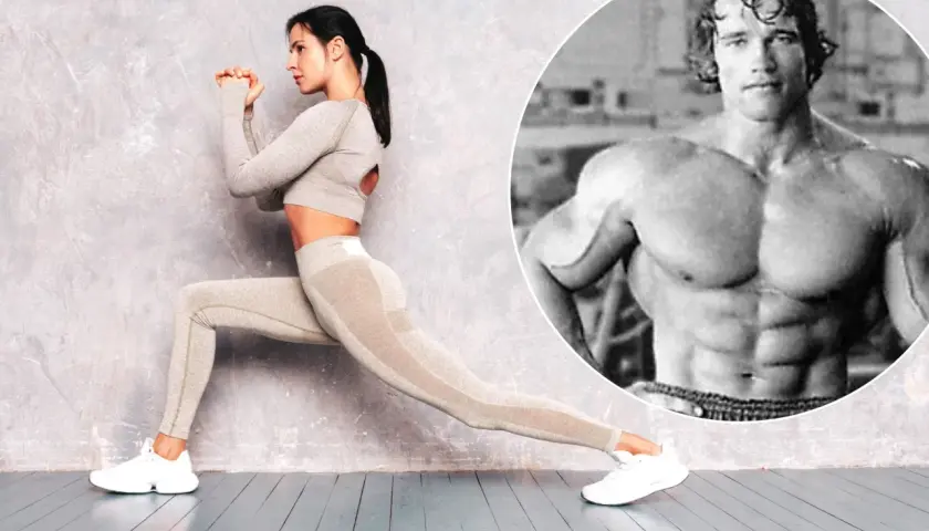 Kobieta w stroju sportowym wykonuje ćwiczenie, inspirowane legendarnym arnold split.