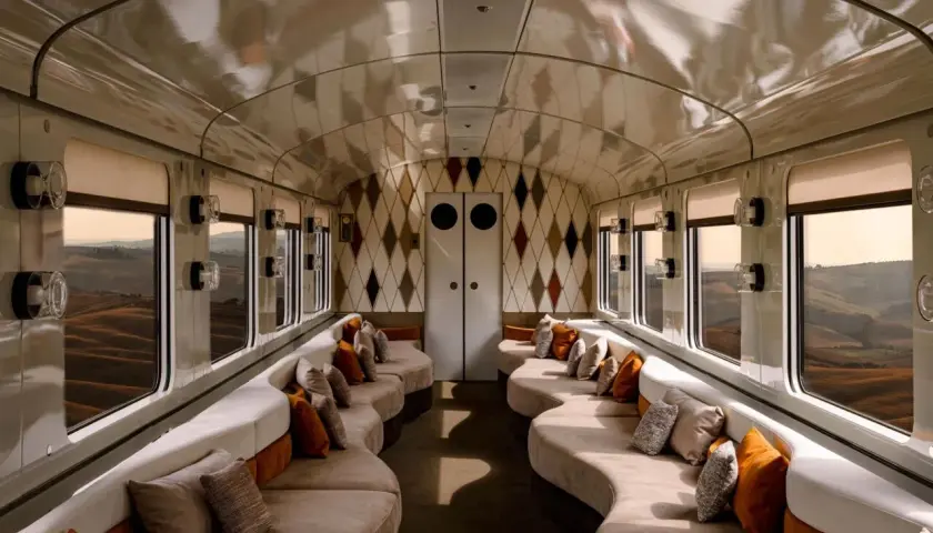 Luxuriöser Salonwagen des Orient Express. Geschwungene Sofas mit Kissen laden zum Entspannen ein, während die Fenster den Blick auf malerische Landschaften freigeben.