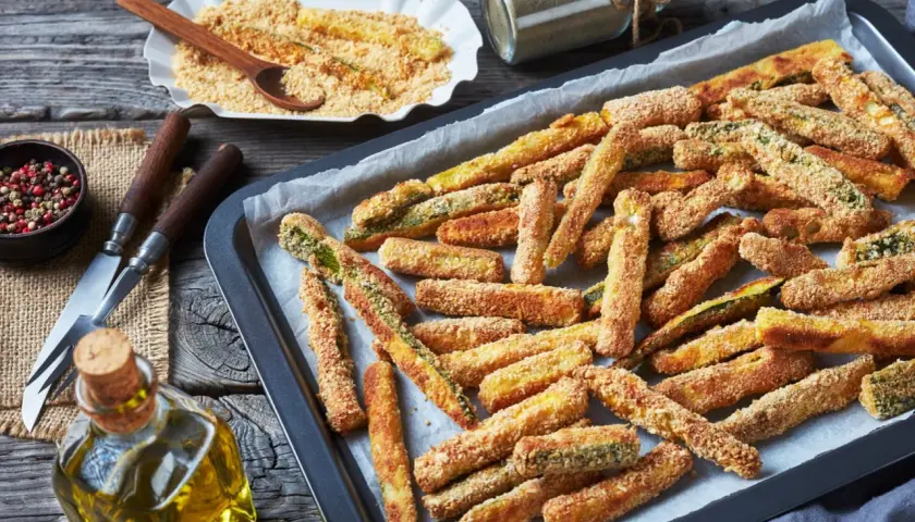 Bastoncini di zucchine al forno, dorati e croccanti, pronti per essere gustati.