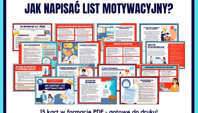 Grafika przedstawia kolaż z kilkunastu mniejszych grafik, które zawierają porady dotyczące pisania listów motywacyjnych.