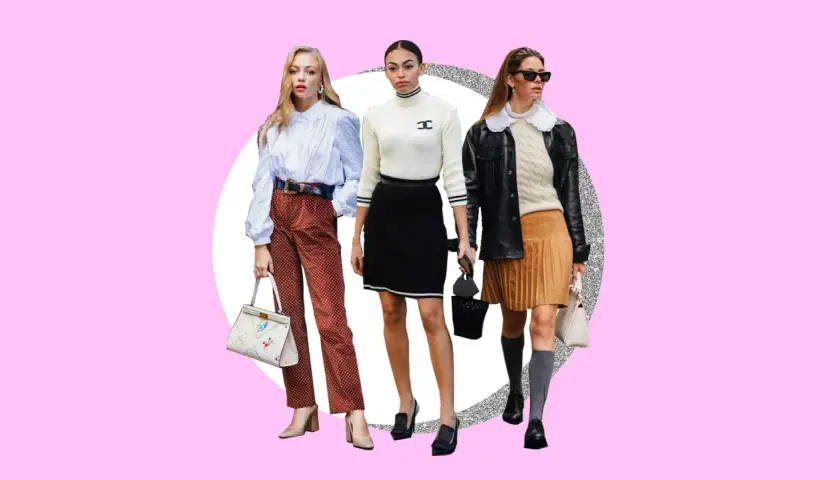 Tres mujeres lucen estilos que definen qué es preppy: una con blusa blanca y pantalón de lunares, otra con jersey de cuello alto y falda negra, y la tercera con chaqueta de cuero, jersey de ochos y falda plisada.