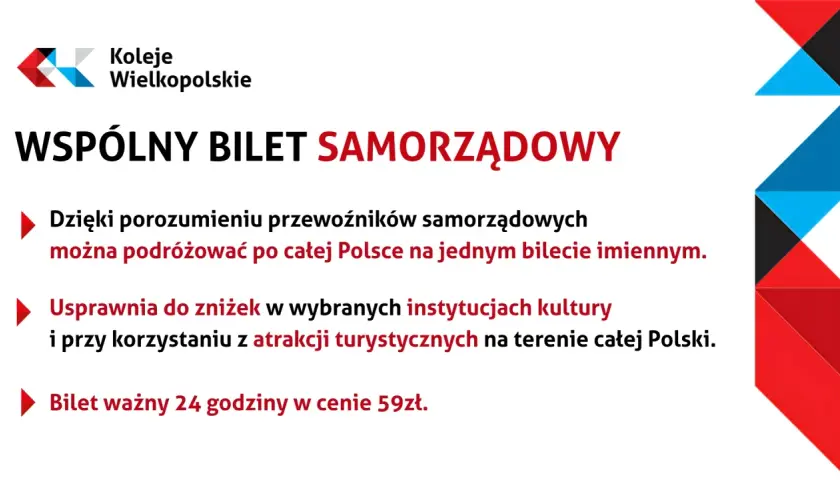 Wspólny bilet samorządowy Kolei Wielkopolskich umożliwia podróżowanie po Polsce i zniżki w atrakcjach.