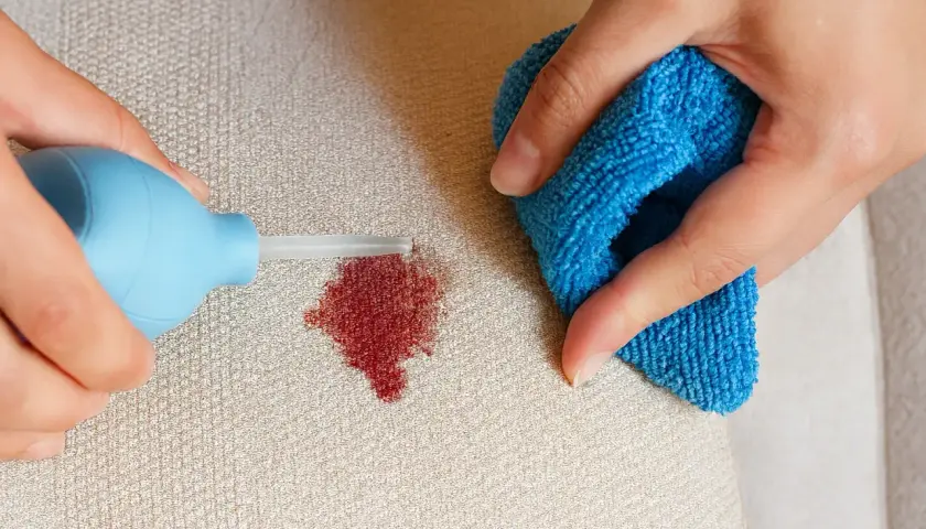 Ręce czyszczą plamę z krwi na kanapie niebieską ściereczką i aplikatorem.