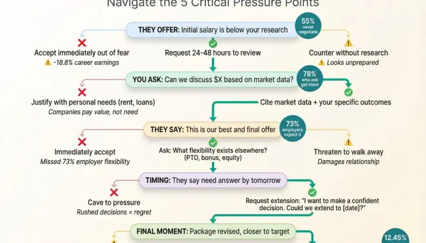 Salary negotiation decision tree shows how to navigate pressure points. Avoid accepting offers out of fear; no pension is worth rushing.