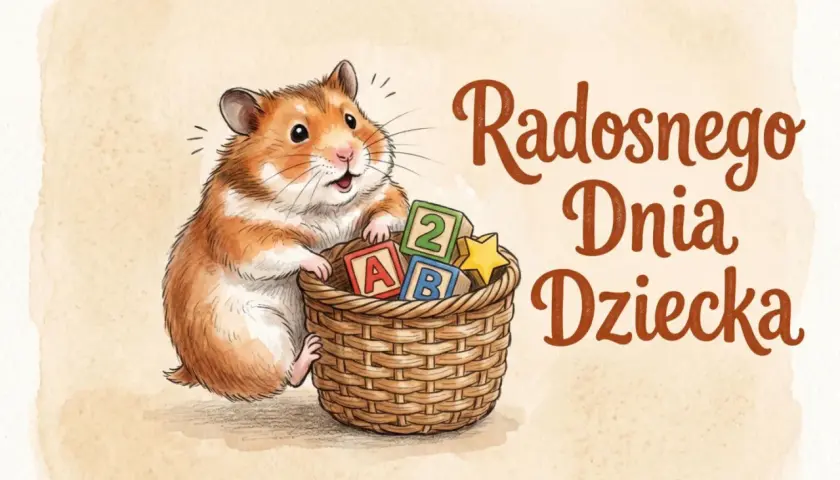 Uroczy chomik z koszykiem klocków i gwiazdką. Graficzne, śmieszne życzenia na Dzień Dziecka.