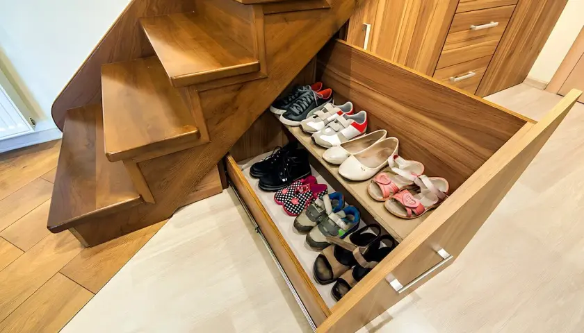 Zabudowa pod schodami z wysuwanymi szufladami na buty. Widać różne rodzaje obuwia, od dziecięcych sandałków po sportowe buty.
