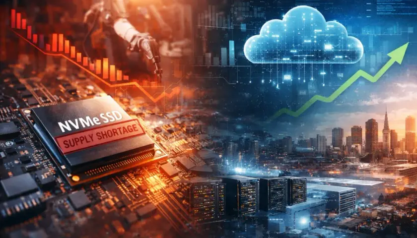 Un composant de stockage flash NVMe SSD avec "SUPPLY SHORTAGE" est superposé à une ville futuriste et un nuage symbolisant le cloud.