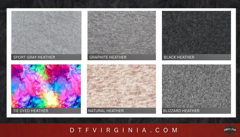 Six fabric swatches: Sport Gray, Graphite, Black, Tie Dyed, Natural, and Blizzard Heather. The heather core of these fabrics offers a unique texture.